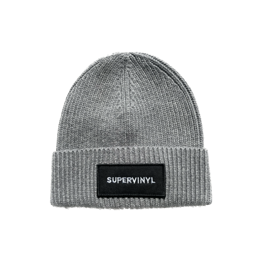 Grey Cashmere Beanie with Black Patch