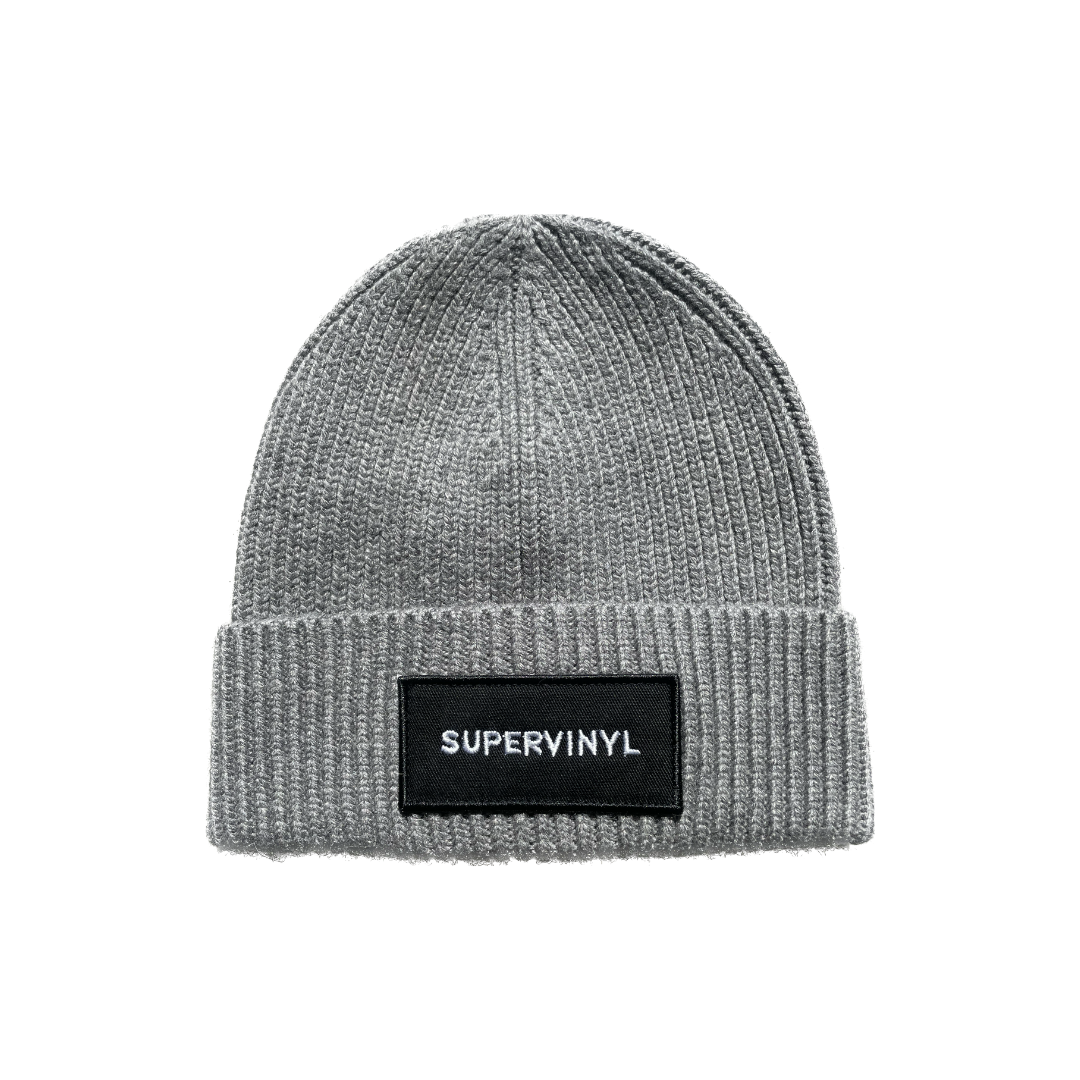 Grey Cashmere Beanie with Black Patch - SUPERVINYL display picture 1