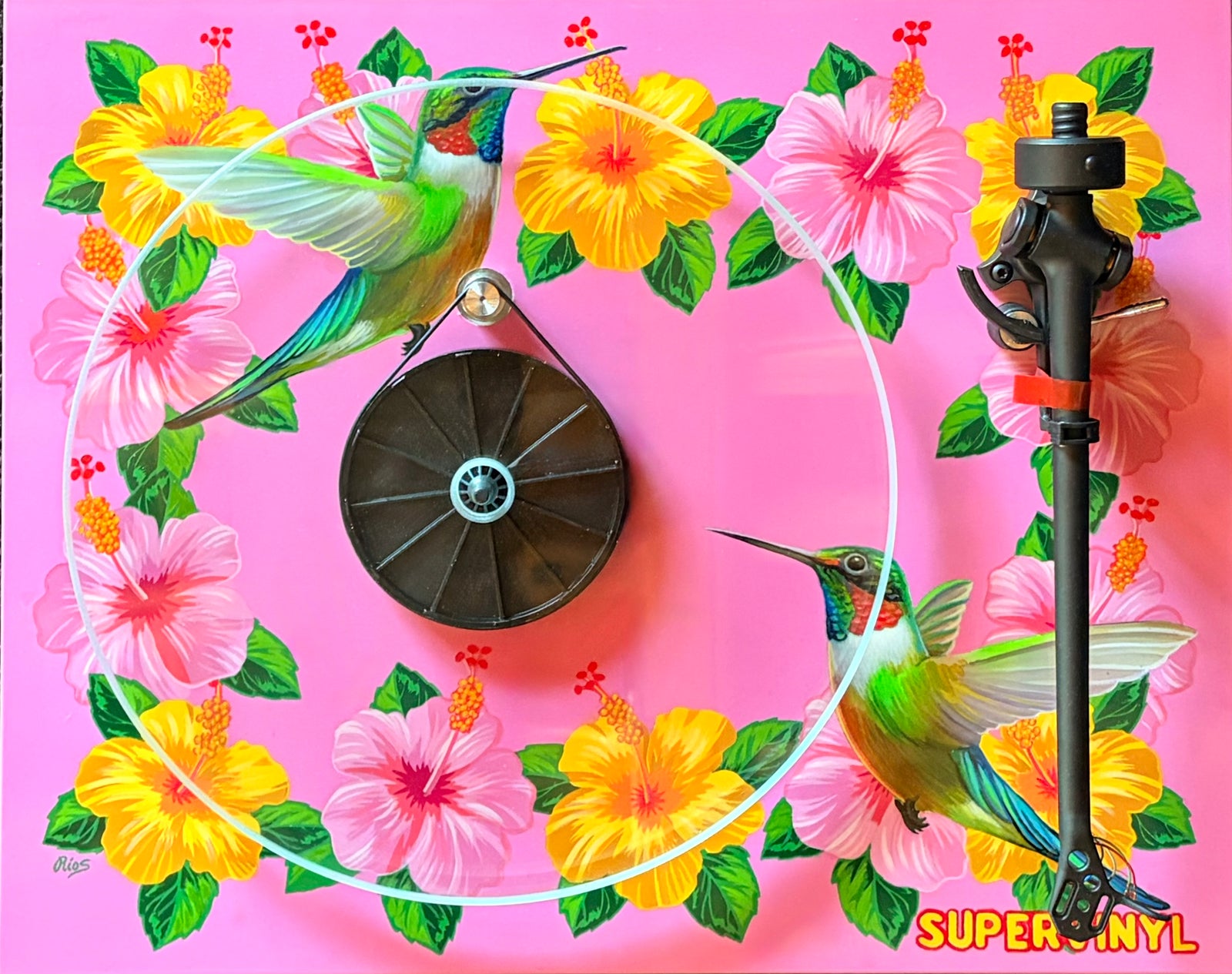 Pink Hummingbird Custom Hand Painted Turntable