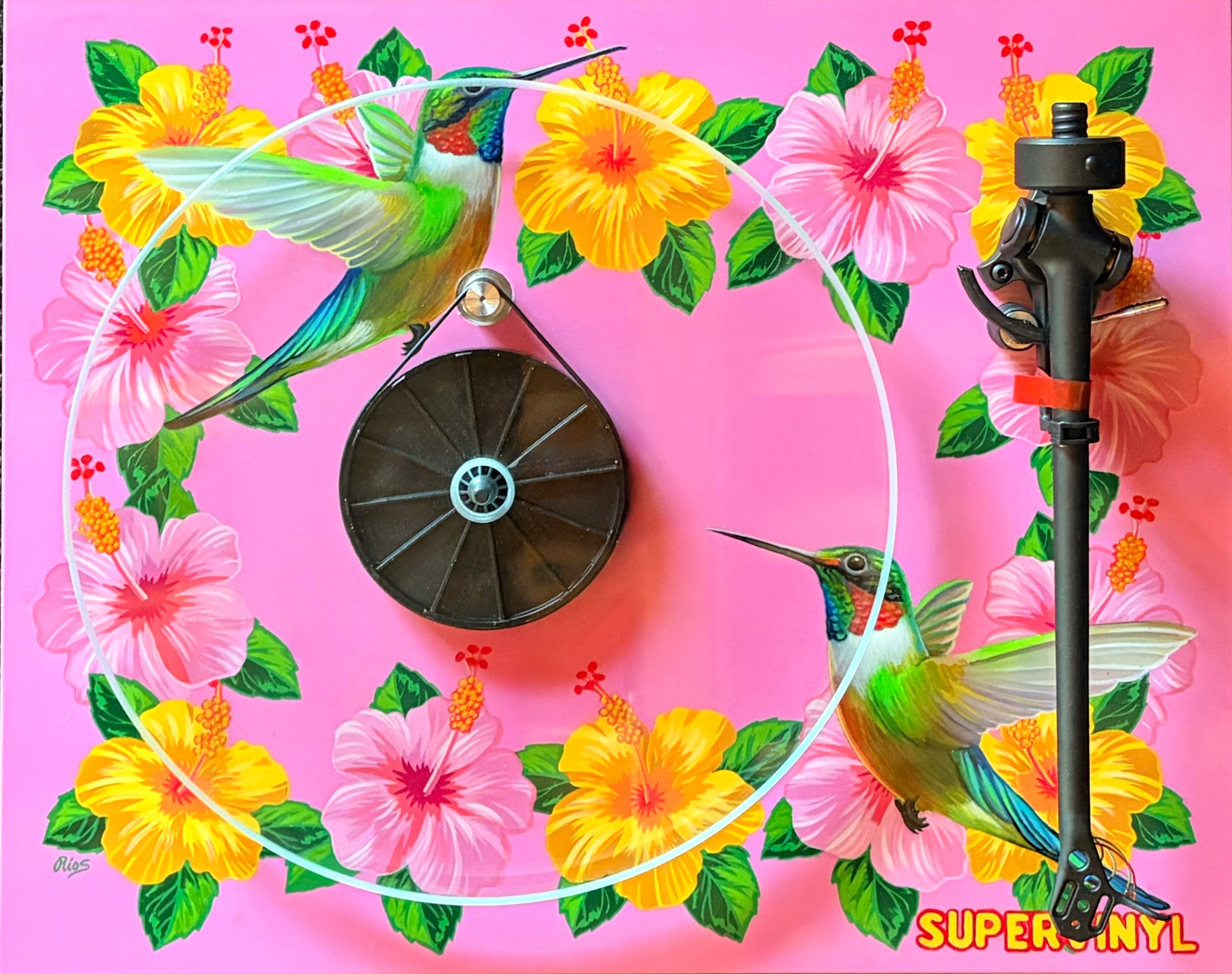 Pink Hummingbird Custom Hand Painted Turntable