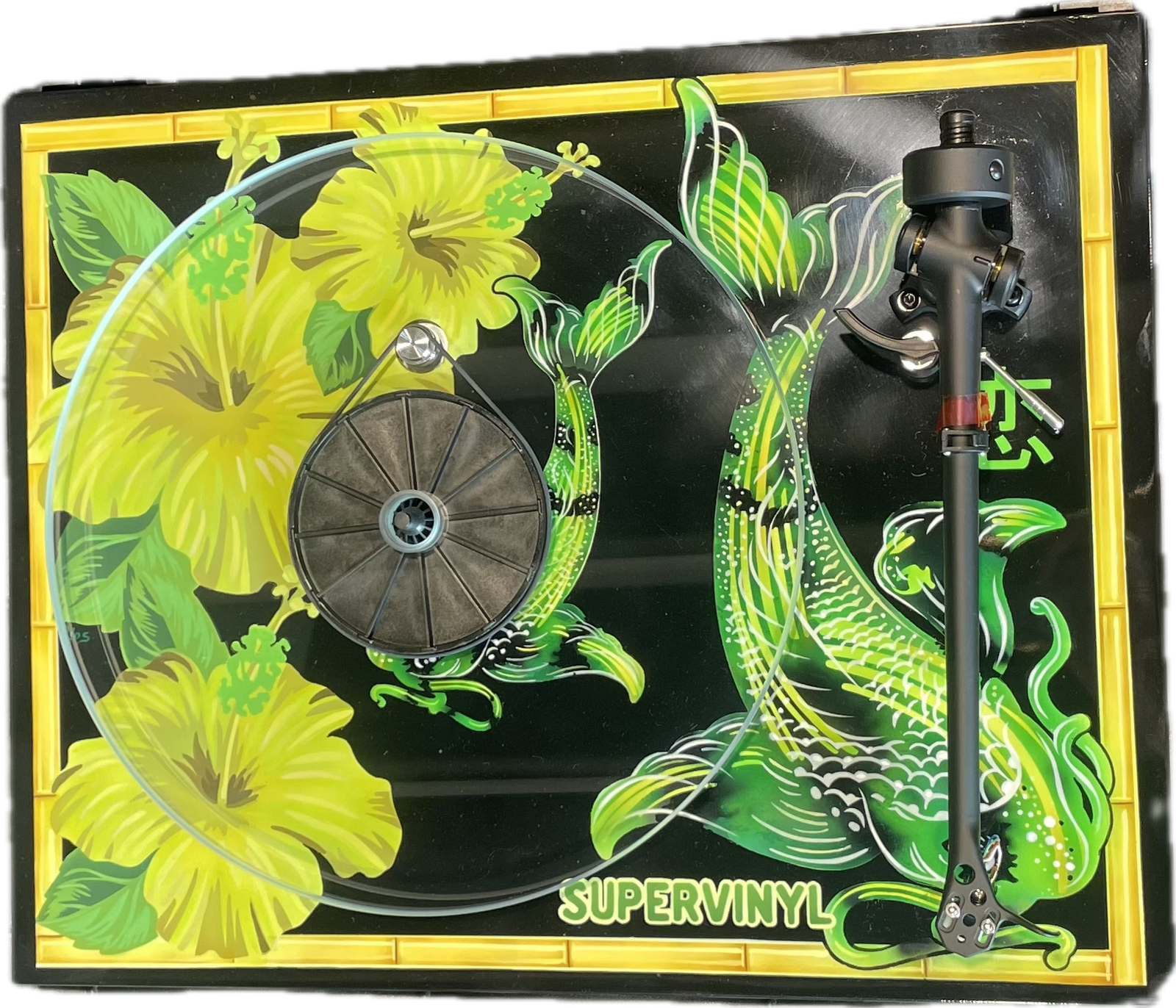 Black and Green Koi Custom Hand-Painted Turntable