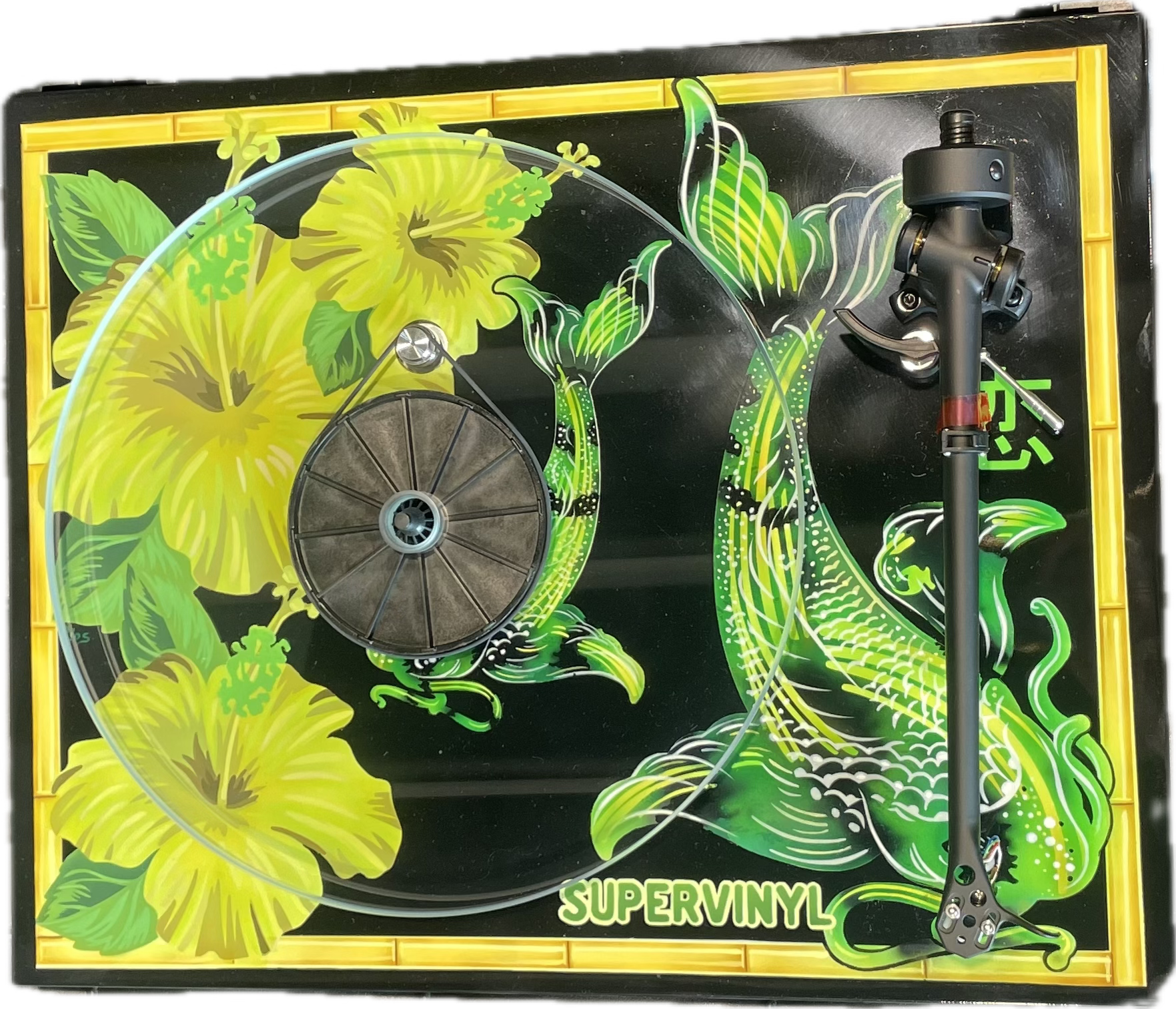 Black and Green Koi Custom Hand-Painted Turntable