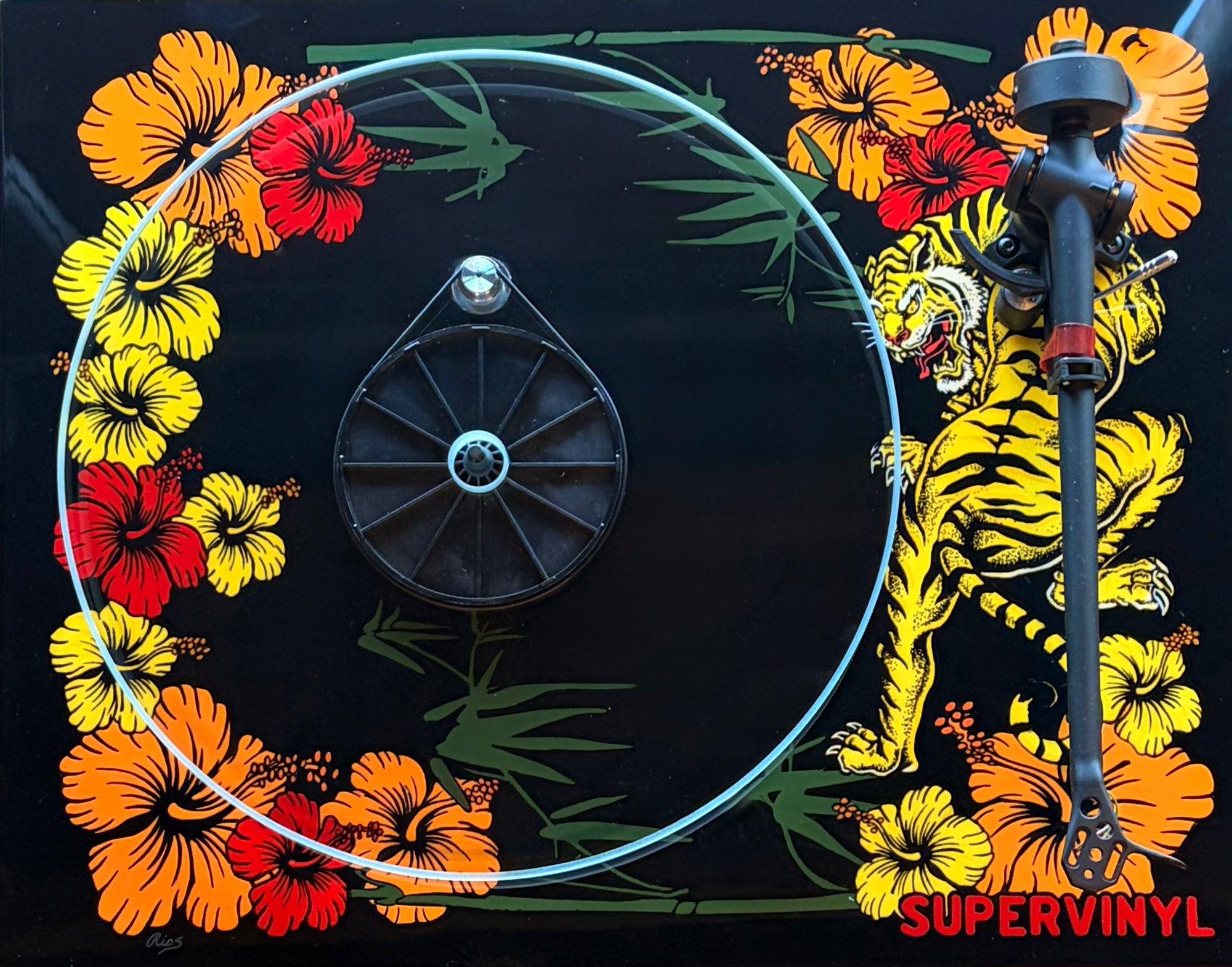 Yellow Tiger on Black Custom Hand Painted Turntable